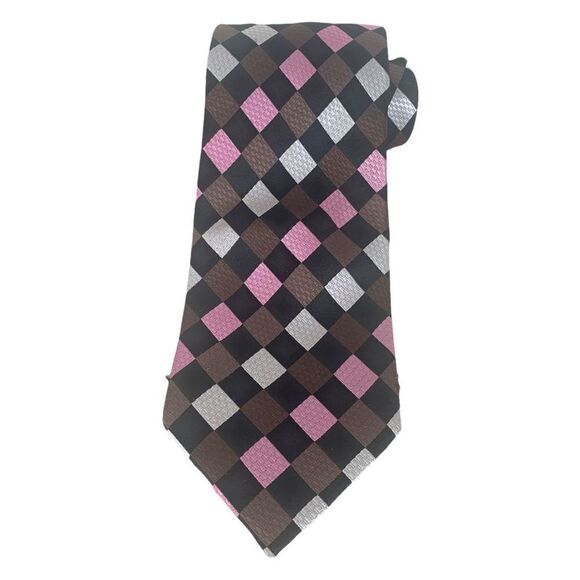 Vintage Jacques Monet Tie Pink Black Checkered Pattern Silk - Picture 1 of 8